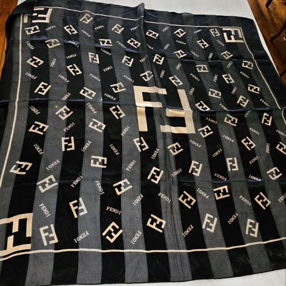 Authentic COA Vintage 1990's Fendi Silk Organza Black&Cream Large monogram scarf
